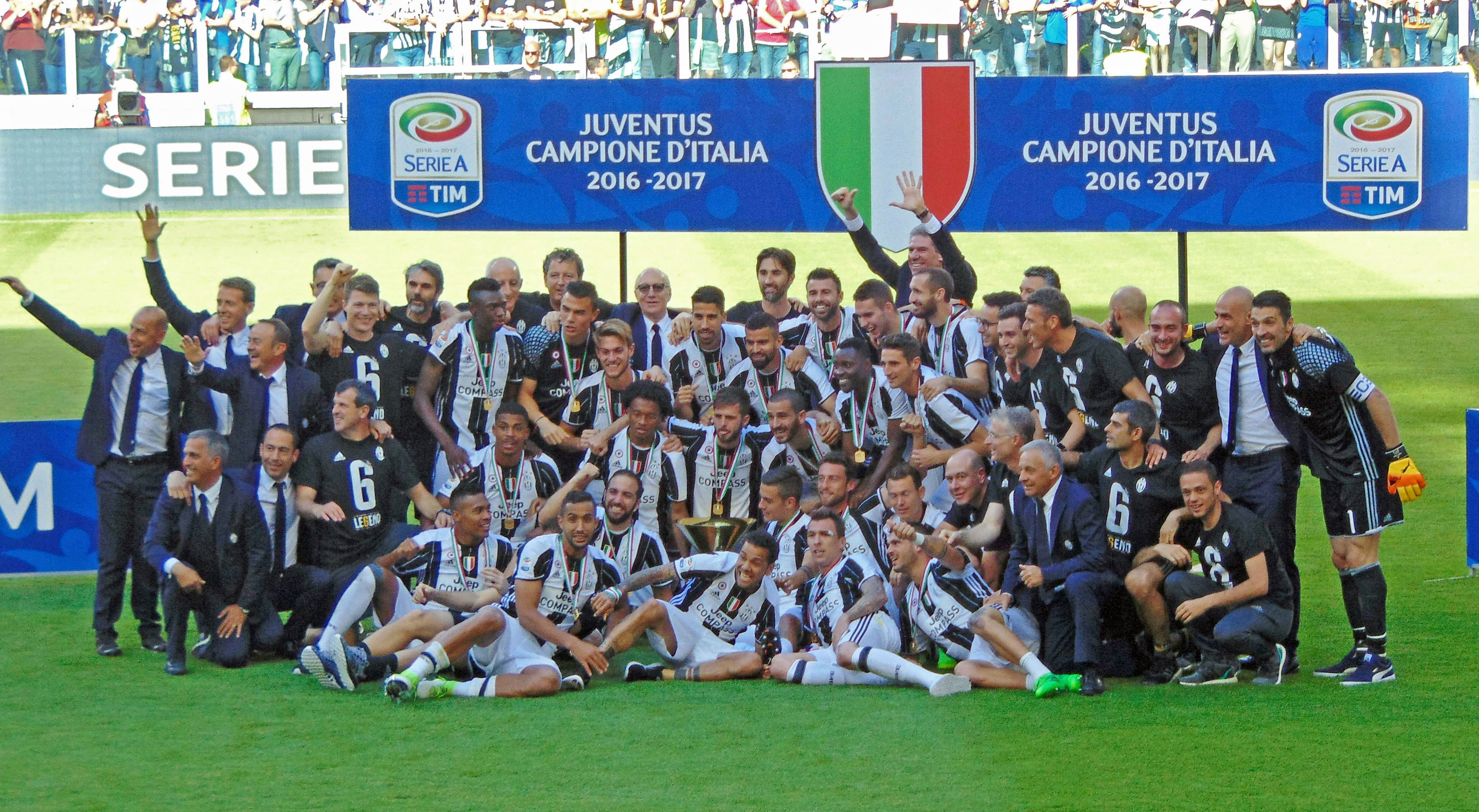 Juventus players celebrate a Serie A title at Juventus Stadium